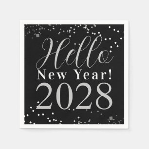 Hello New Year's Eve Party Black Silver Sparkle Napkin
