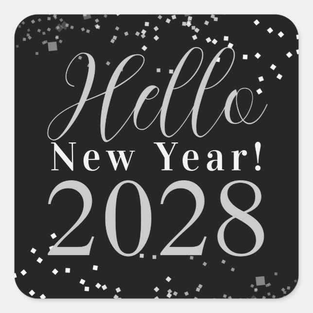 Hello New Year's Eve Party Black Silver Sparkle Square Sticker (Front)