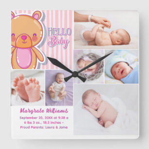 Hello newborn baby photo birth announcement Photo Square Wall Clock
