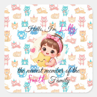 Hello newest member of family patterns cat custom square sticker