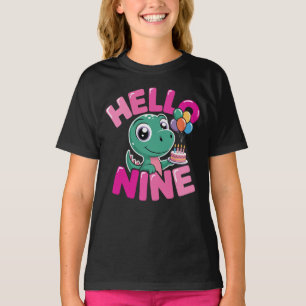 Hello Nine Dinosaur Birthday Girl Coquette Bow T-Shirt