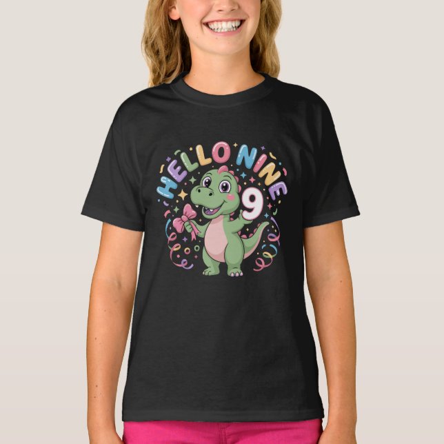 Hello Nine Dinosaur Birthday Girl Coquette Bow T-Shirt (Front)