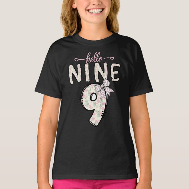 Hello Nine Pink 9th Birthday Girl Coquette Bow  T-Shirt (Front)