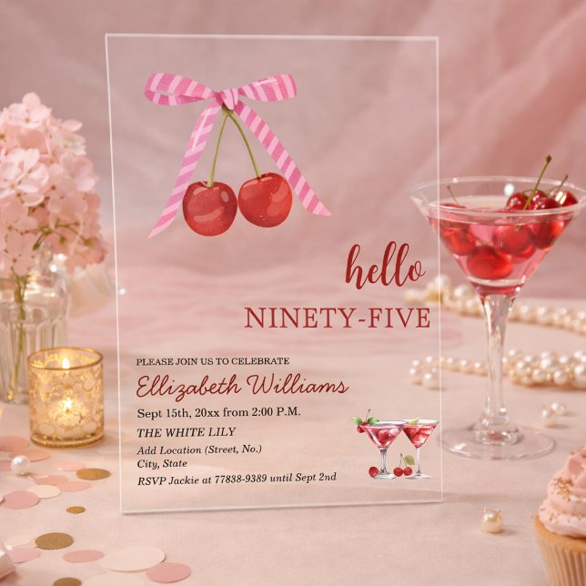 Hello Ninety Five Cherry Martini Birthday Party Acrylic Invitations (Creator Uploaded)