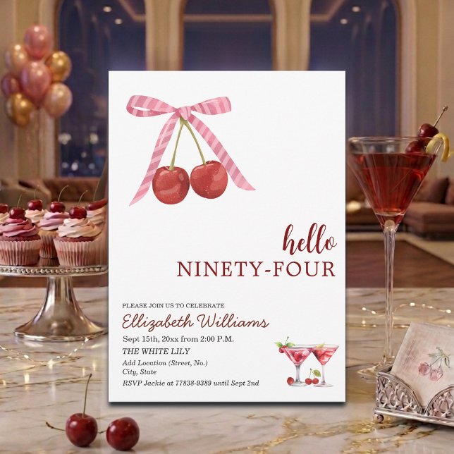 Hello Ninety Four Cherry Martini Birthday Party Invitation (Creator Uploaded)