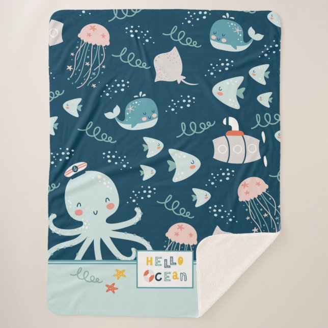 Hello Ocean Octopus and Fish Nautical Blue Kid Sherpa Blanket (Front)