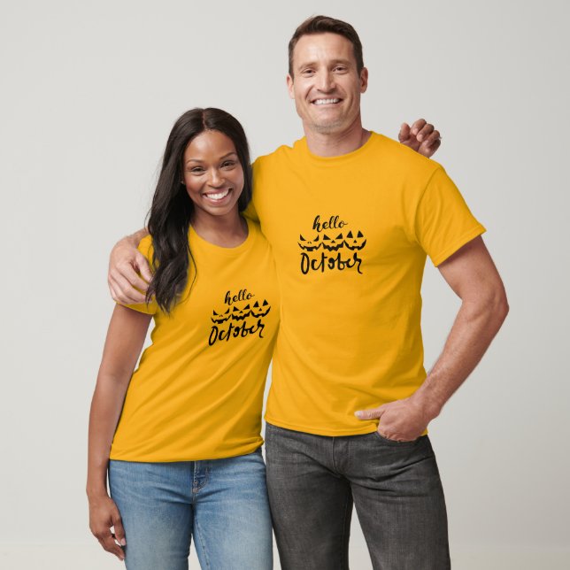 Hello October Funny Pumpkin T-Shirt | Cute Hallowe (Unisex)
