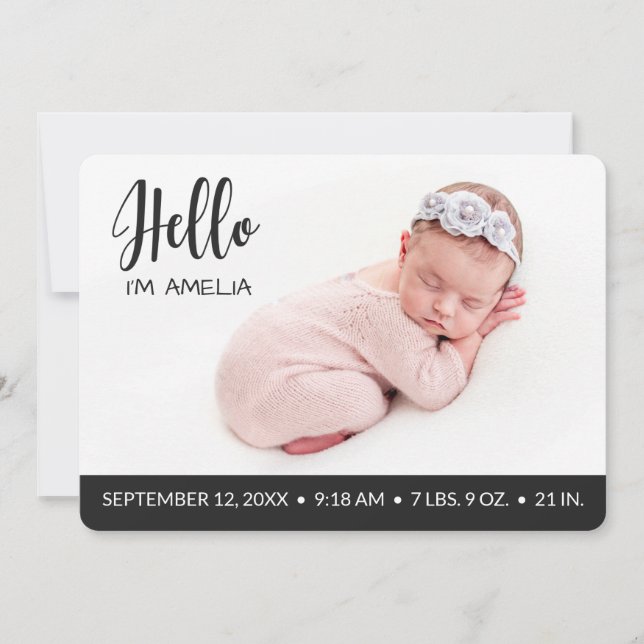 Hello overlay baby girl photo modern dark grey announcement (Front)
