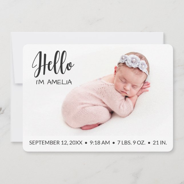 Hello overlay baby girl photo modern minimalist announcement (Front)
