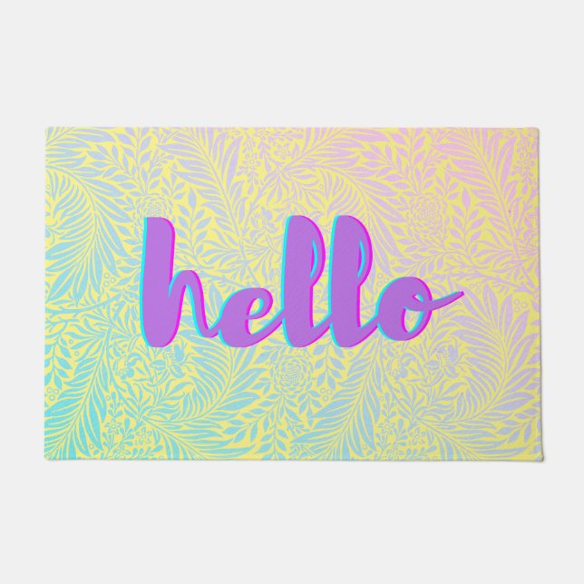 Hello Pastel Leaf Pattern Boho Door Mat (Front)