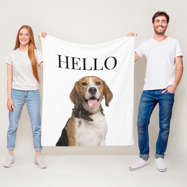 Hello Personalised Beagle Dog Portrait Photo Fleece Blanket (In Situ)