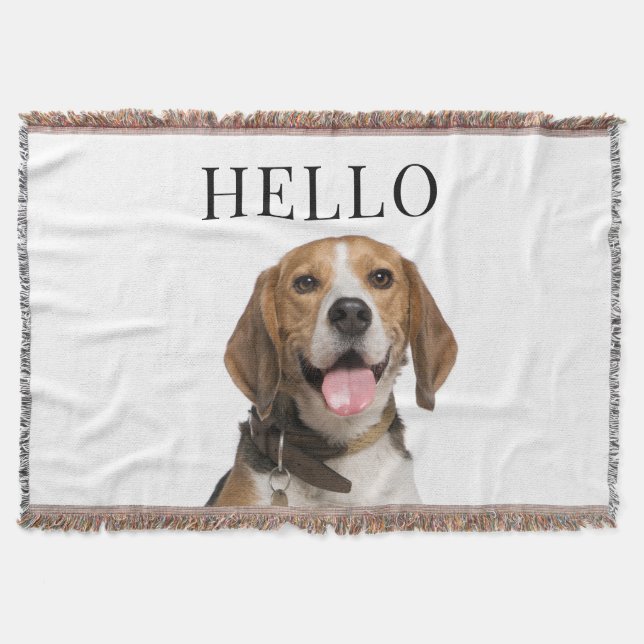 Hello Personalised Beagle Dog Portrait Photo Throw Blanket (Front)