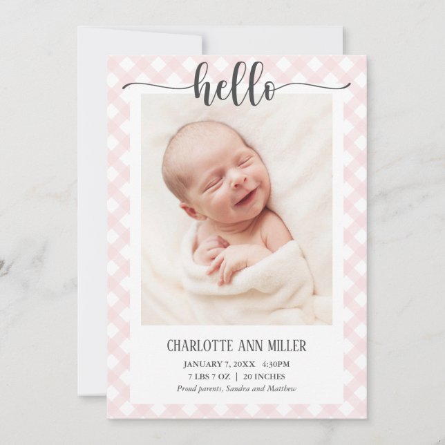 Hello Pink Gingham Birth Announcement Photo Card (Front)