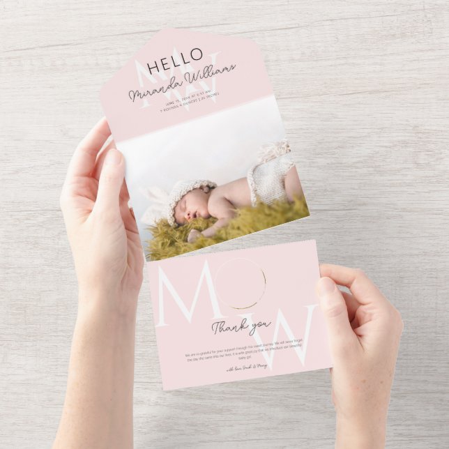 Hello Pink Monogram Photo Birth Announcement (Tearaway)
