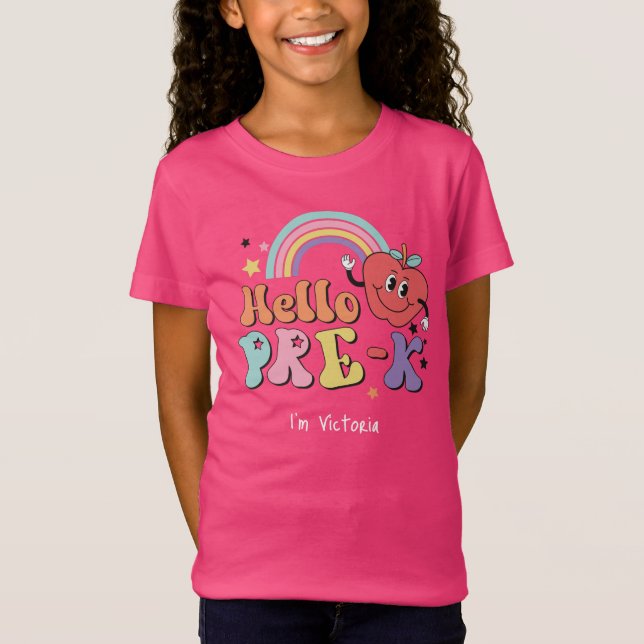 Hello Pre-K Colourful Elementary School Pink T-Shirt (Front)