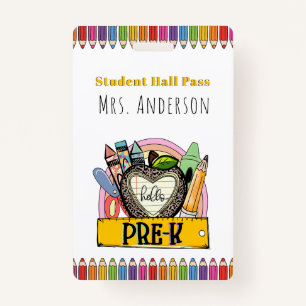 Hello Pre K Hall Pass Badge ID Badge