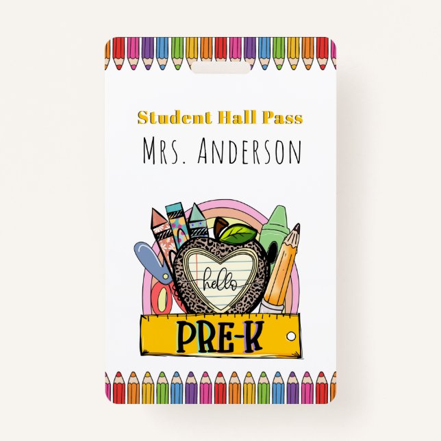 Hello Pre K Hall Pass Badge ID Badge (Front)