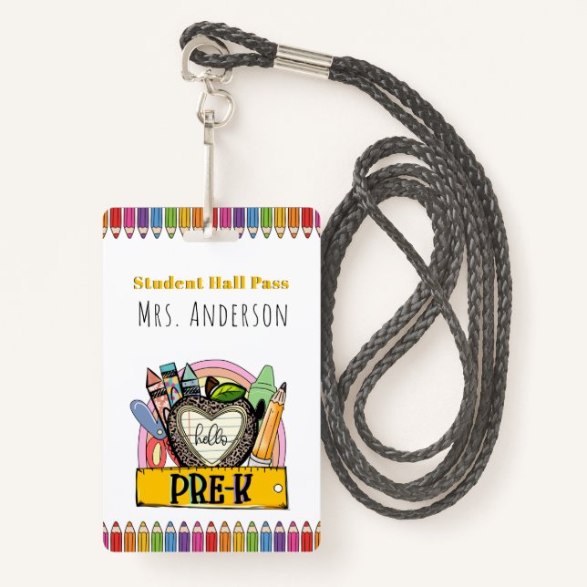 Hello Pre K Hall Pass ID Badge (Front with Lanyard)