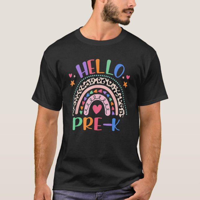 Hello Pre K Leopard Boho Rainbow 1st Day Of School T-Shirt (Front)