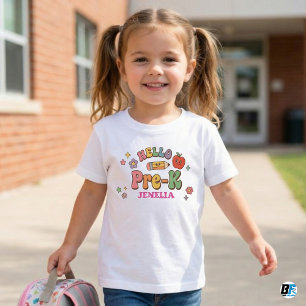 Hello Pre-K Retro Groovy Personalised Name Back To Baby T-Shirt