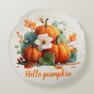 Hello Pumpkin Autumn Floral Design Round Cushion