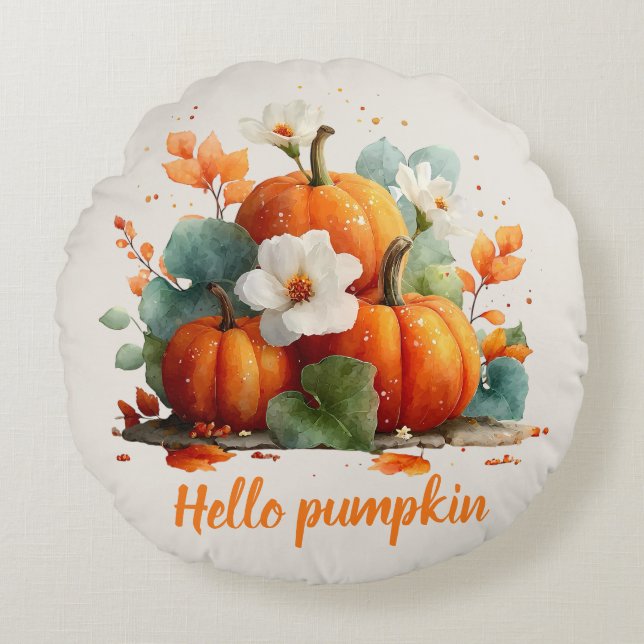 Hello Pumpkin Autumn Floral Design Round Cushion (Front)