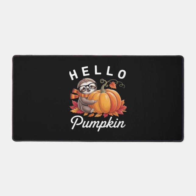 Hello Pumpkin - Cute Fall Sloth Autumn Leaves Foli Desk Mat (Front)