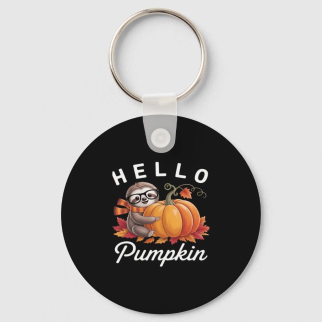 Hello Pumpkin - Cute Fall Sloth Autumn Leaves Foli Key Ring (Front)