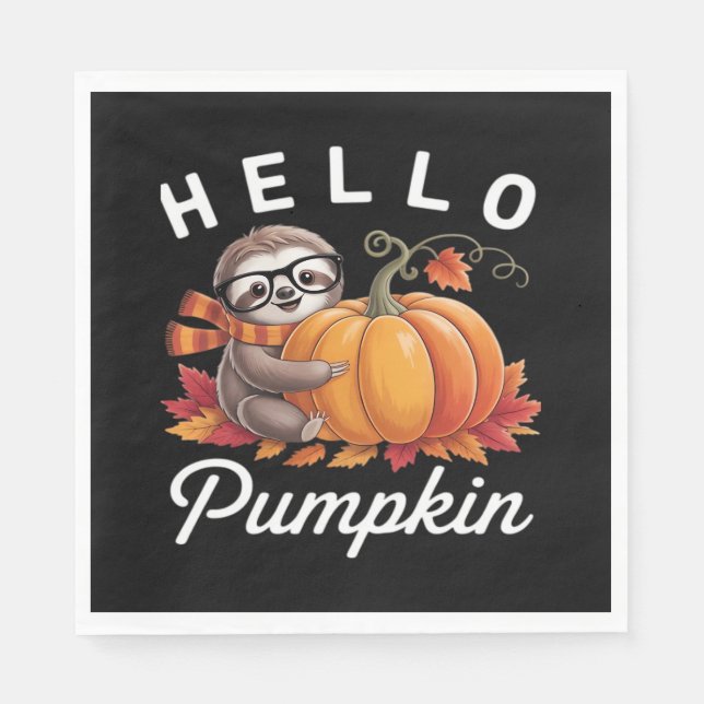Hello Pumpkin - Cute Fall Sloth Autumn Leaves Foli Napkin (Front)