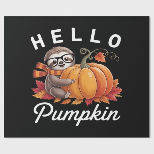Hello Pumpkin - Cute Fall Sloth Autumn Leaves Foli Wrapping Paper (Flat)