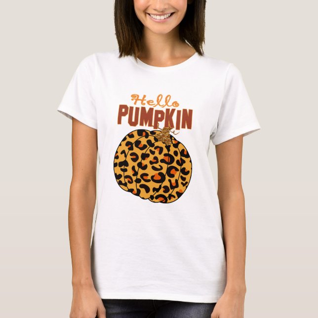 Hello Pumpkin - Fall Leopard Print T-Shirt (Front)