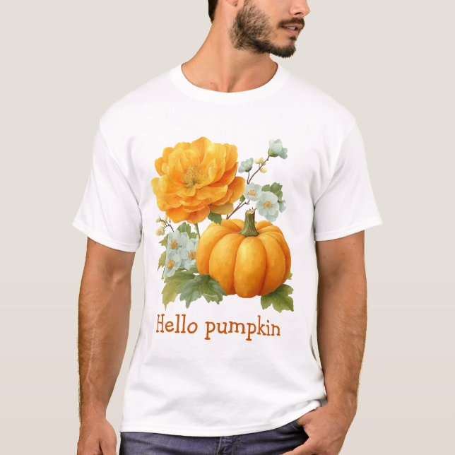 Hello Pumpkin Floral Halloween Design T-Shirt (Front)