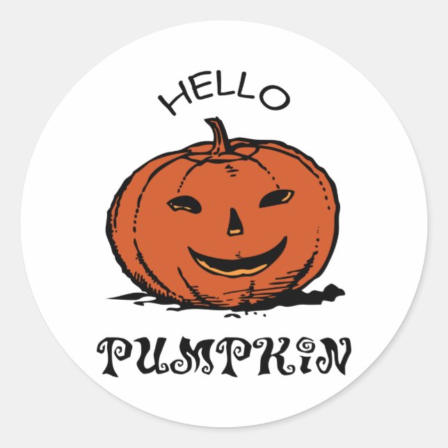 Hello pumpkin jack-o-lantern illustration, Black Classic Round Sticker (Front)