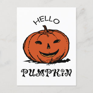 Hello pumpkin jack-o-lantern illustration, Black Postcard