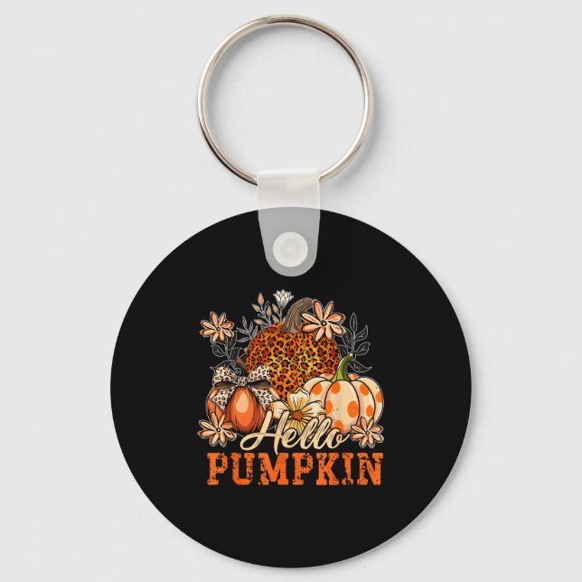Hello Pumpkin Leopard Print For Fall Thanksgiving  Key Ring (Front)