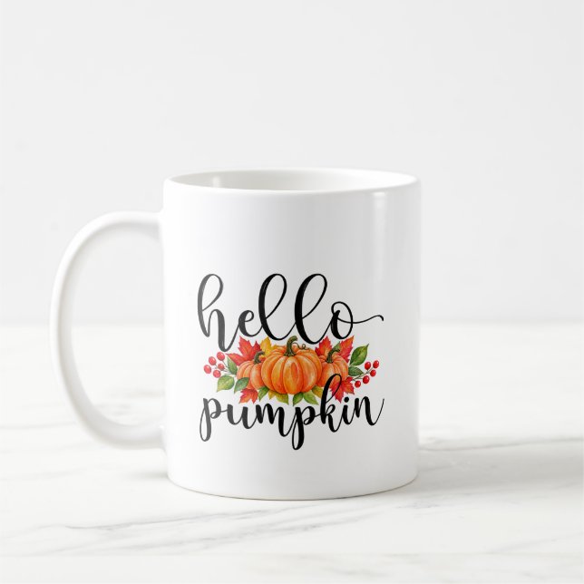 Hello Pumpkin Mug, Fall Thanksgiving Ceramic Mug,  Coffee Mug (Left)