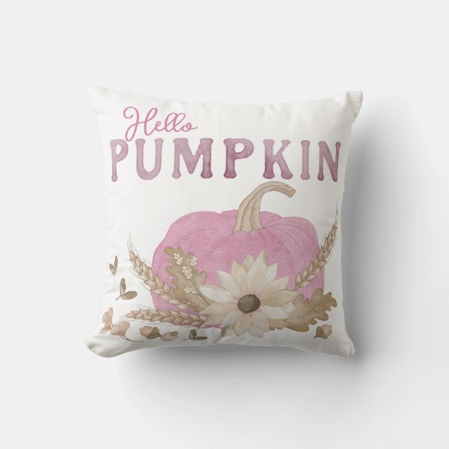 Hello Pumpkin Pink Throw Pillow for Fall Decor (Front)