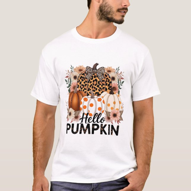 Hello Pumpkin Png, Boho Floral Fall Leopard  T-Shirt (Front)