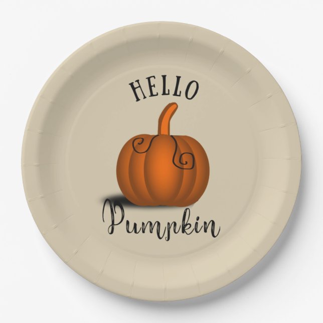 Hello pumpkin watercolor fall autumn paper plate (Front)
