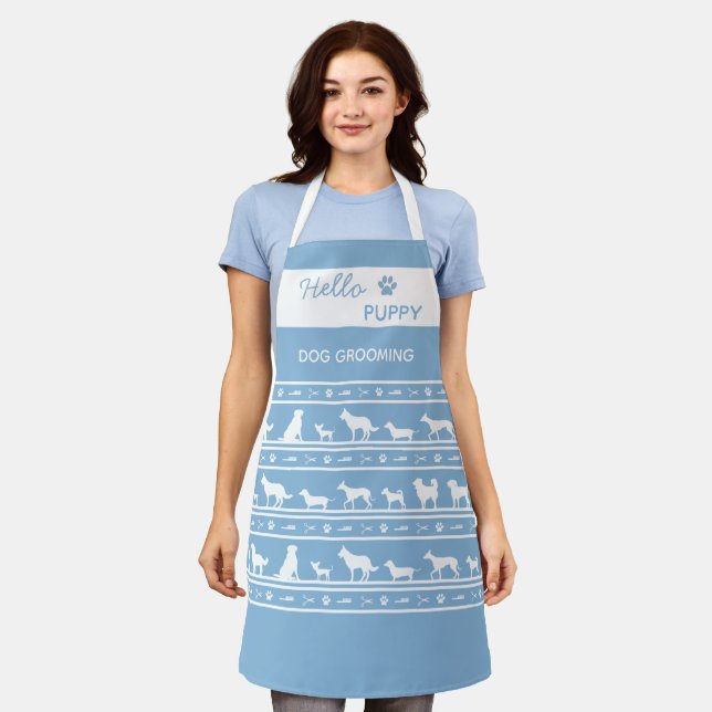 Hello puppy blue white stripe Dog grooming Apron (Worn)