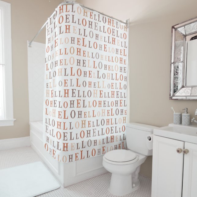 Hello Random Text Earthy Colours Shower Curtain (In Situ)