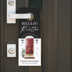 Hello! Real Estate Agent Red Watercolor Front Door Door Hanger