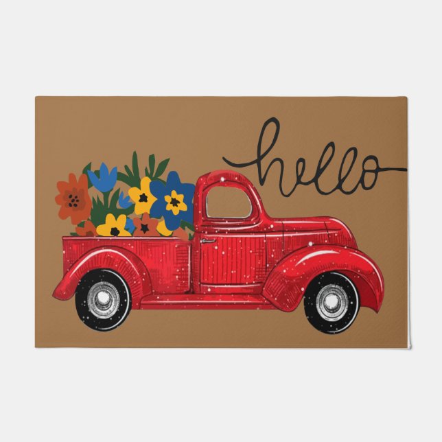 Hello Red Car With Flower Rug, Cute Mat Gift (Front)