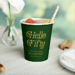 Hello Retro Green and Gold 50th Birthday Party  Paper Cups<br><div class="desc">Sip in style with these Hello Fifty Retro 50th Birthday Party Paper Cups, featuring bold retro typography and a chic green-and-gold design that adds a modern touch to your milestone celebration. Perfect for cocktail parties, backyard gatherings, or elegant fifty and fabulous dinners, these customisable 50th birthday party cups are both...</div>