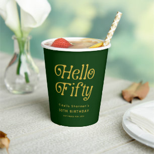 Hello Retro Green and Gold 50th Birthday Party Paper Cups
