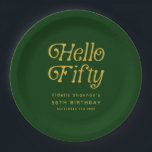 Hello Retro Green and Gold 50th Birthday Party Paper Plate<br><div class="desc">Celebrate in style with these Hello Fifty Retro 50th Birthday Party Paper Plates, featuring bold modern-retro typography in a chic green-and-gold design that’s perfect for milestone celebrations. These durable and customisable 50th birthday party plates not only add a stylish touch to your table décor but also make cleanup easy after...</div>