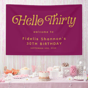 Hello Retro wine red & gold 30th Birthday Welcome Banner