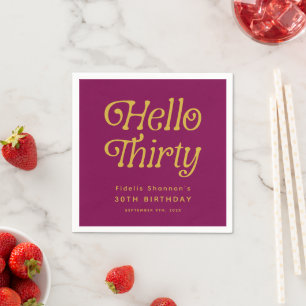 Hello Retro wine red & gold 30th Birthday Welcome Napkin
