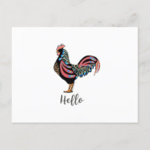 "Hello" Rooster Chicken Folk Postcard Travel World