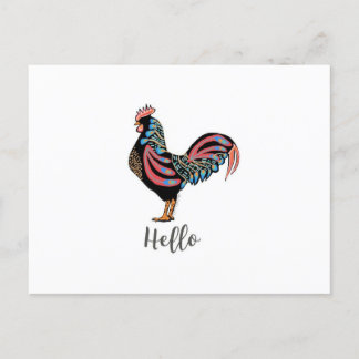 "Hello" Rooster Chicken Folk Postcard Travel World